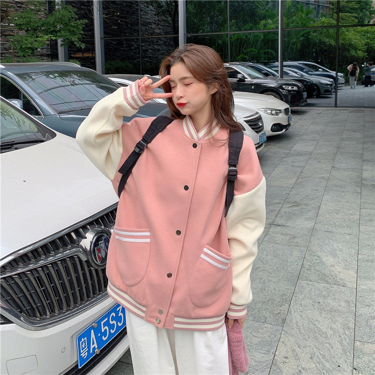 Pastel pink varsity jacket best sale