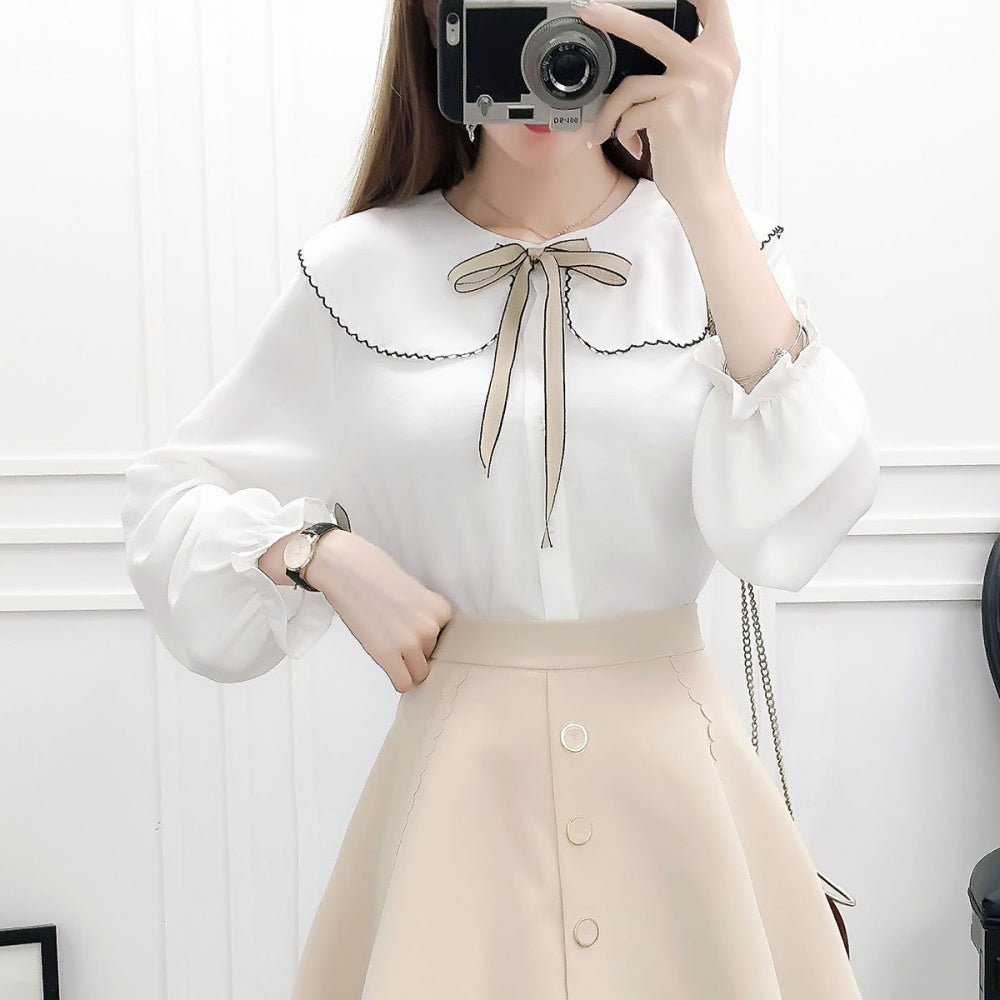 Sweet Doll Collar Chiffon Shirt with Ribbon Tie