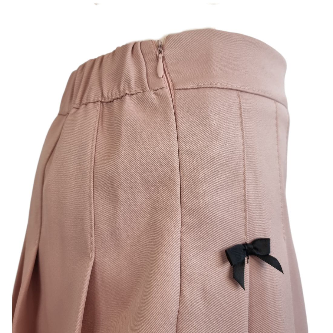 Blush Pink Pleated Mini Skirt with Black Ribbon Bow Accents