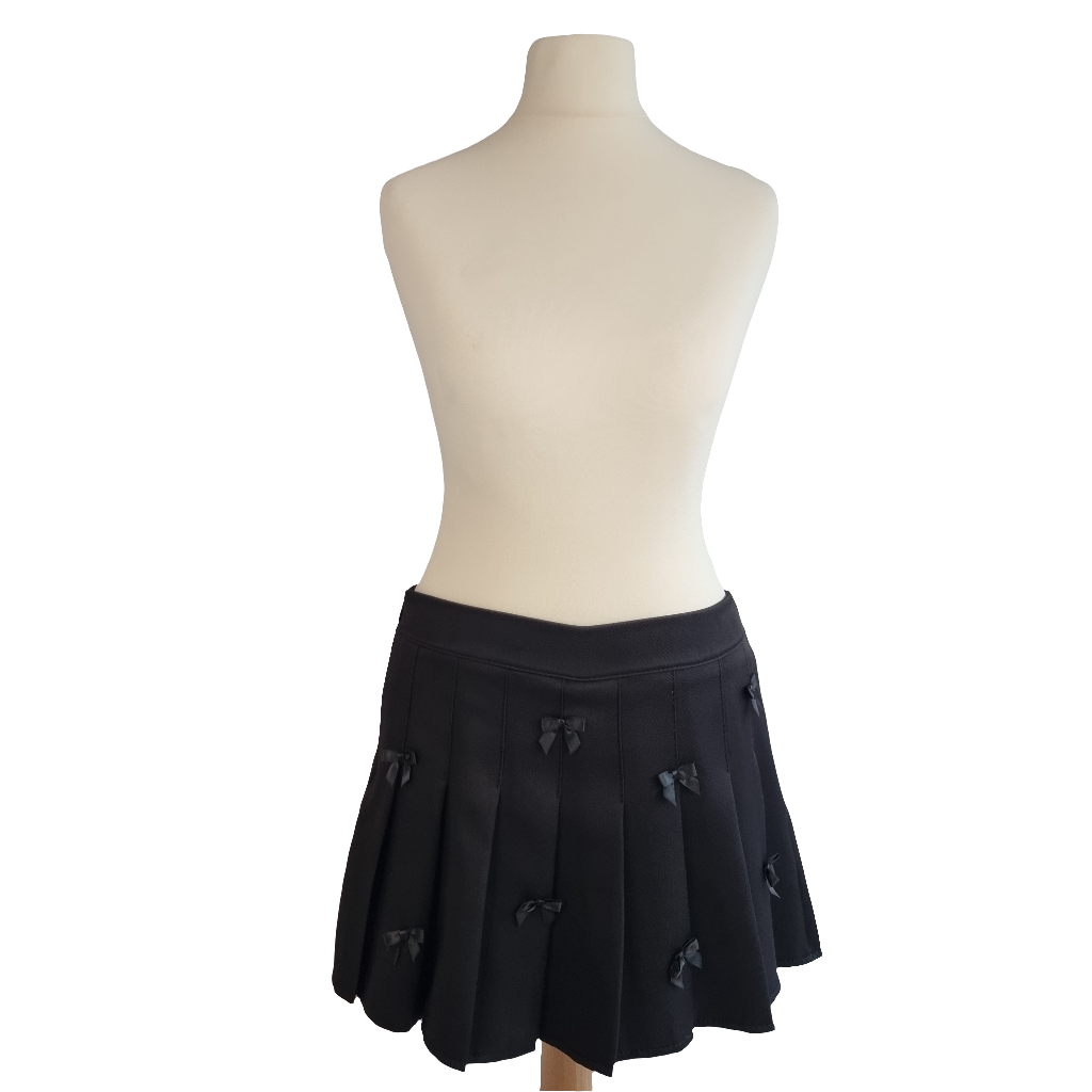 Black Pleated Mini Skirt with Ribbon Bow Accents