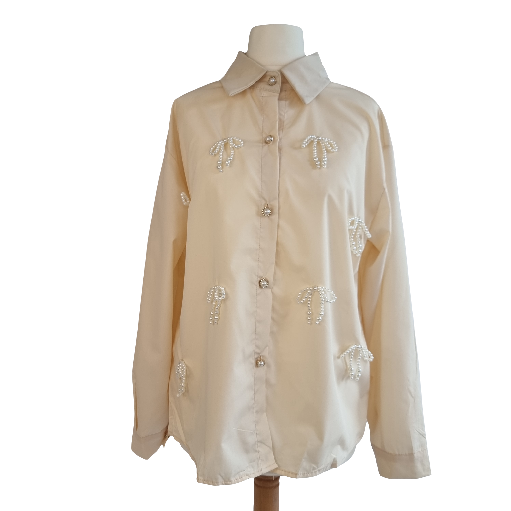 Pearl Bow Charm Blouse Beige