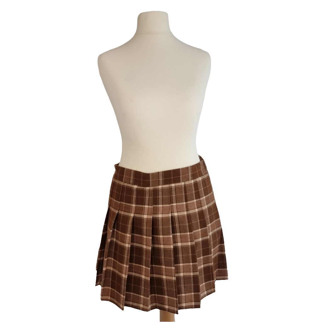 Brown Plaid Wool-Blend Pleated Mini Skirt