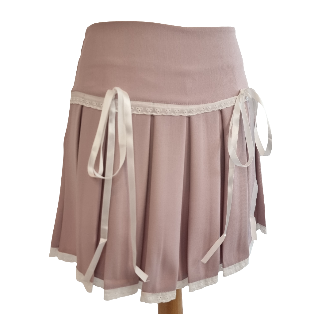 Lilac Pleated Skirt with Lace Trim and Satin Ribbons