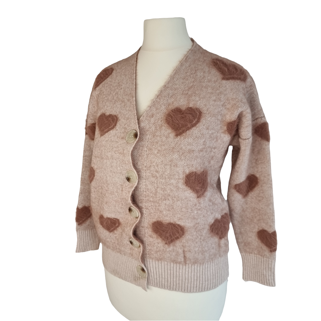 Fuzzy Heart Beige Cozy Cardigan