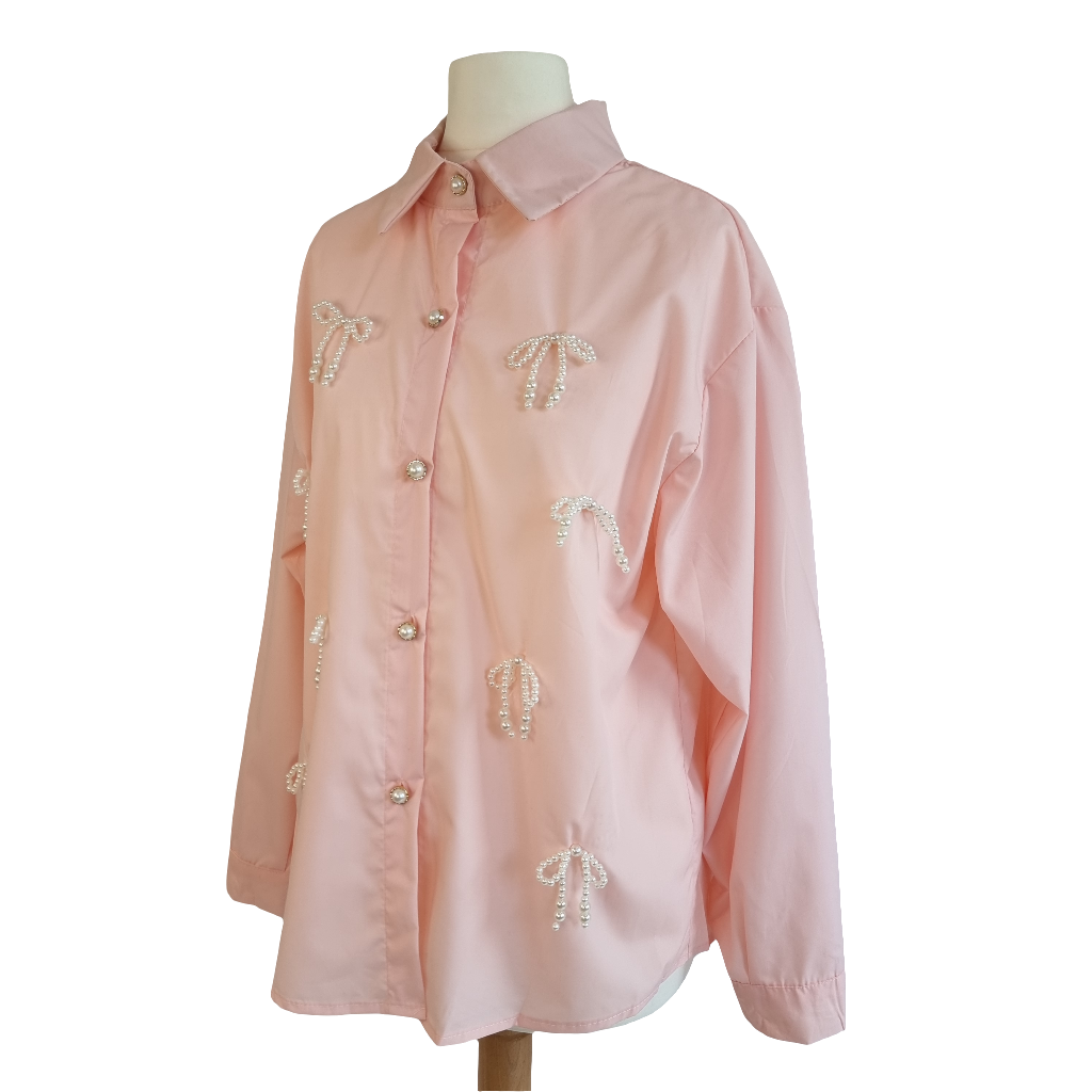 Pearl Bow Charm Blouse Pink