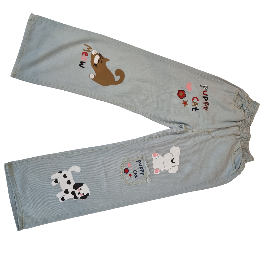 Playful Puppy & Cat Embroidered Jeans