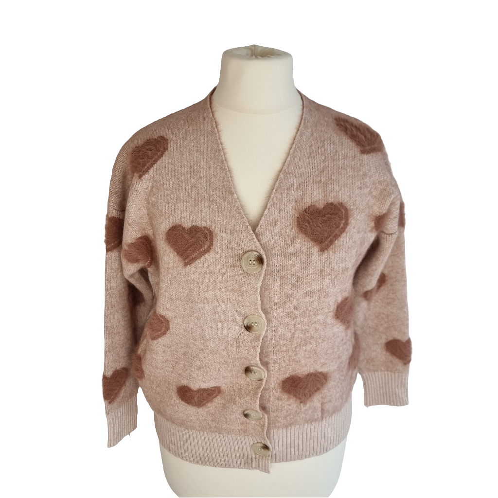 Fuzzy Heart Beige Cozy Cardigan