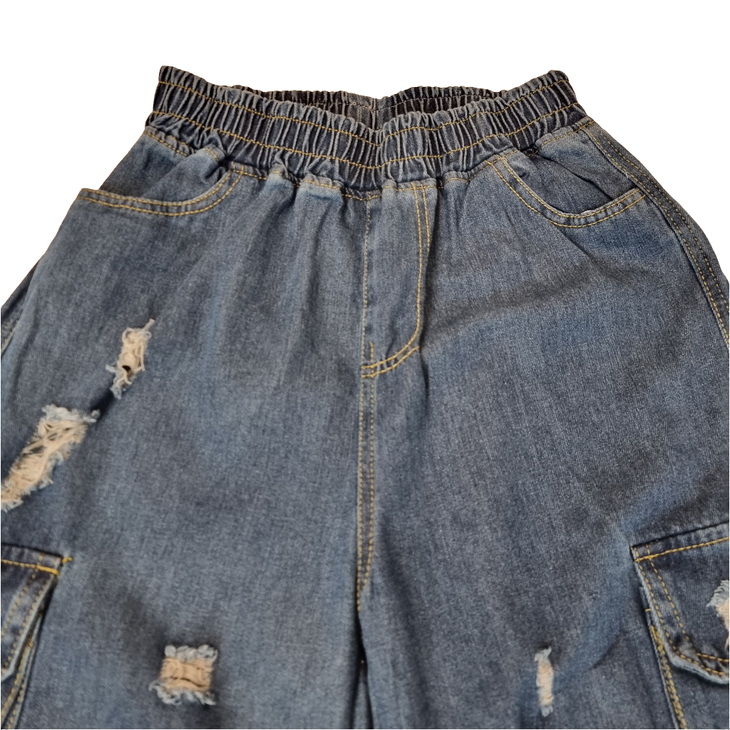 Dark Wash Distressed Cargo Jeans