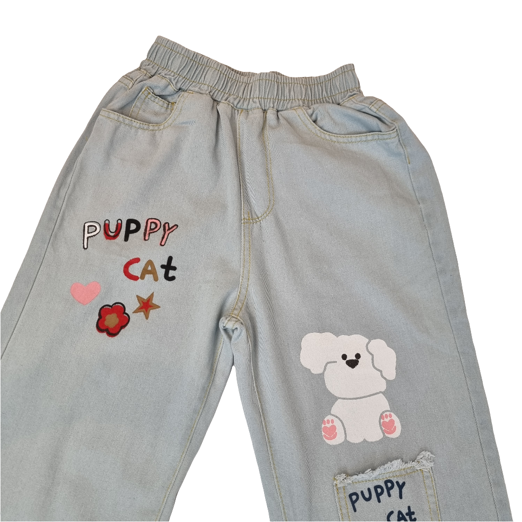 Playful Puppy & Cat Embroidered Jeans