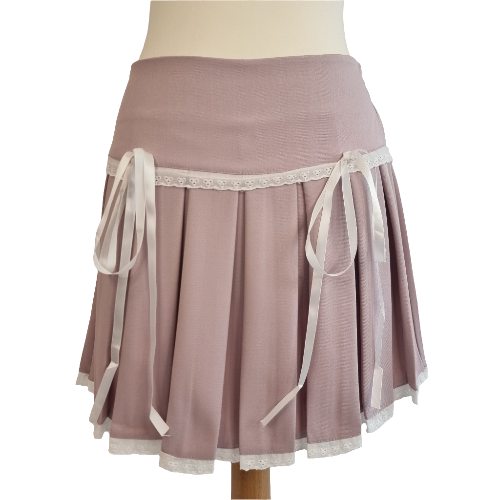 Lilac Pleated Skirt with Lace Trim and Satin Ribbons