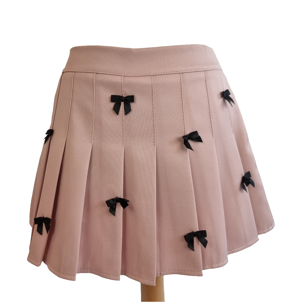 Blush Pink Pleated Mini Skirt with Black Ribbon Bow Accents