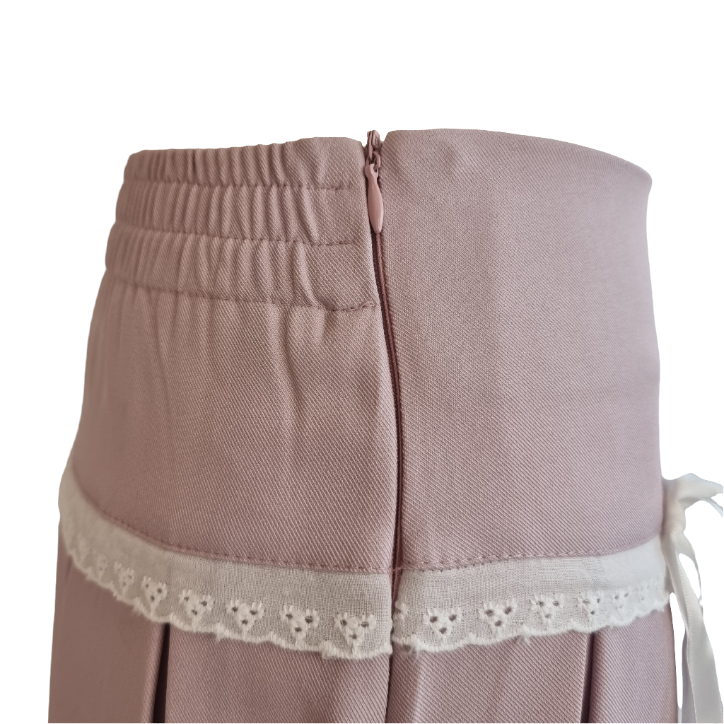 Lilac Pleated Skirt with Lace Trim and Satin Ribbons