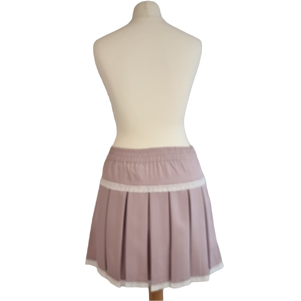 Lilac Pleated Skirt with Lace Trim and Satin Ribbons