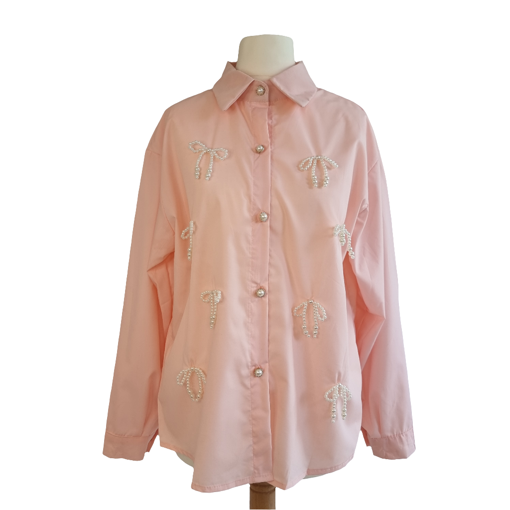 Pearl Bow Charm Blouse Pink