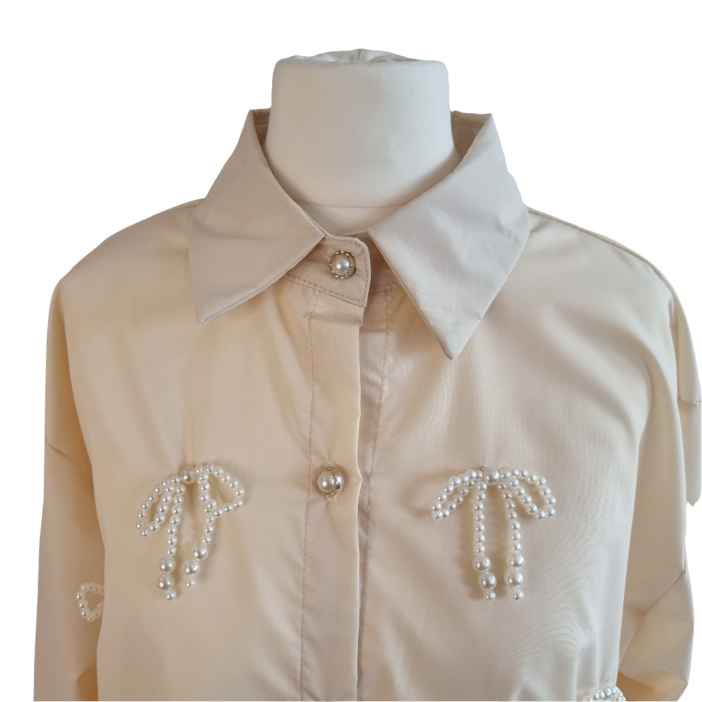 Pearl Bow Charm Blouse Beige