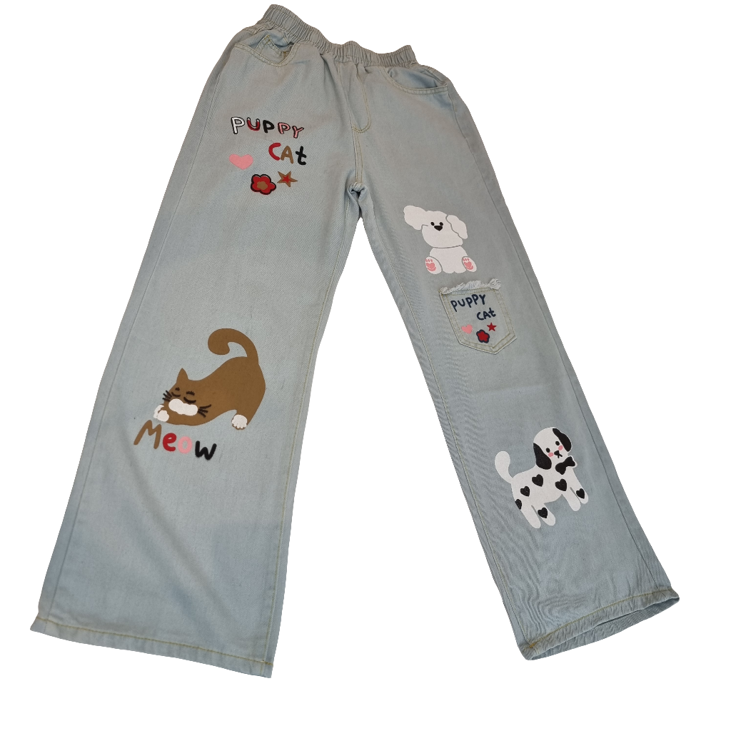 Playful Puppy & Cat Embroidered Jeans