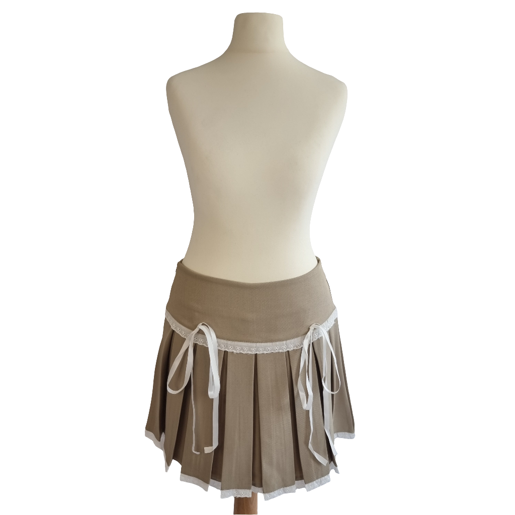 Ribbon Trim Beige Pleated Skirt