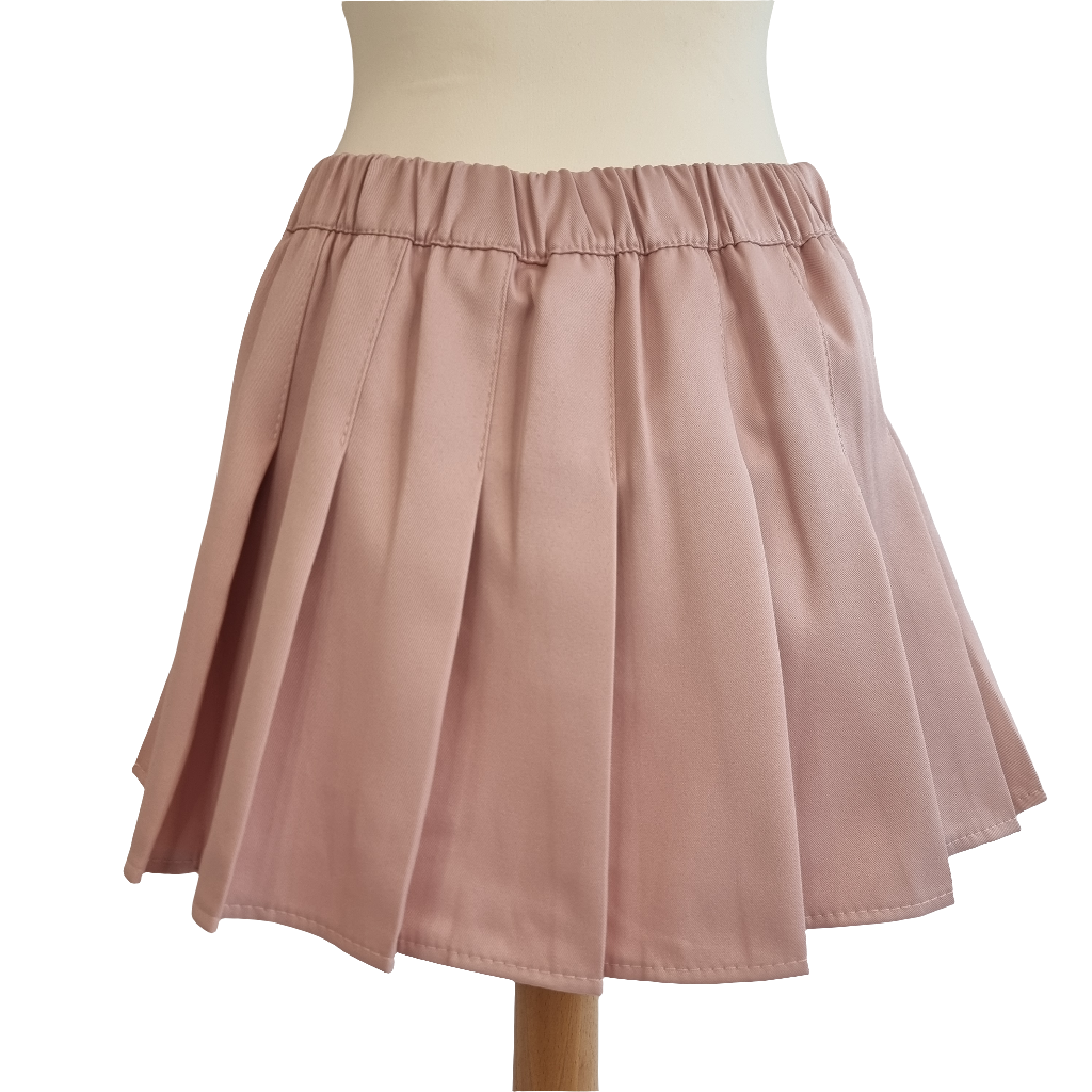 Blush Pink Pleated Mini Skirt with Black Ribbon Bow Accents