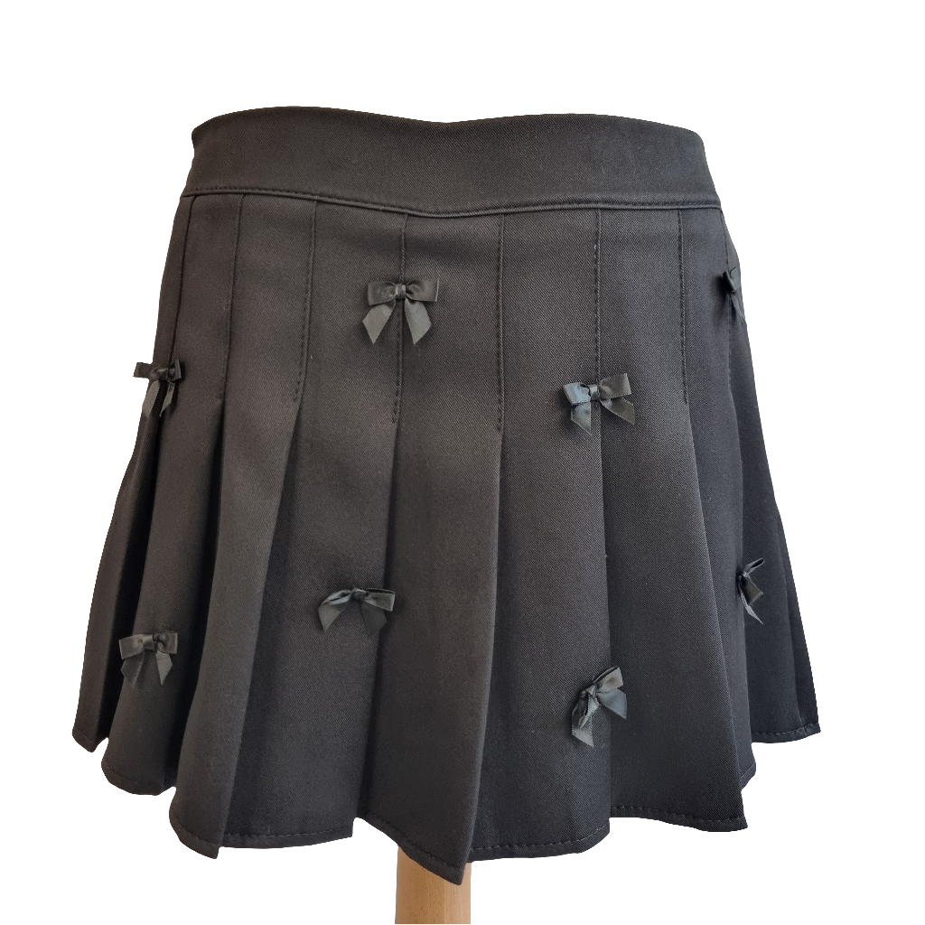 Black Pleated Mini Skirt with Ribbon Bow Accents