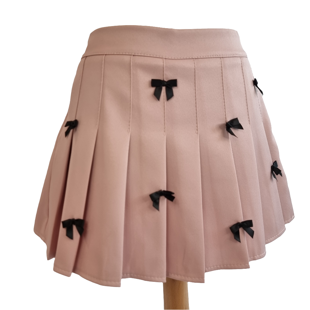 Blush Pink Pleated Mini Skirt with Black Ribbon Bow Accents