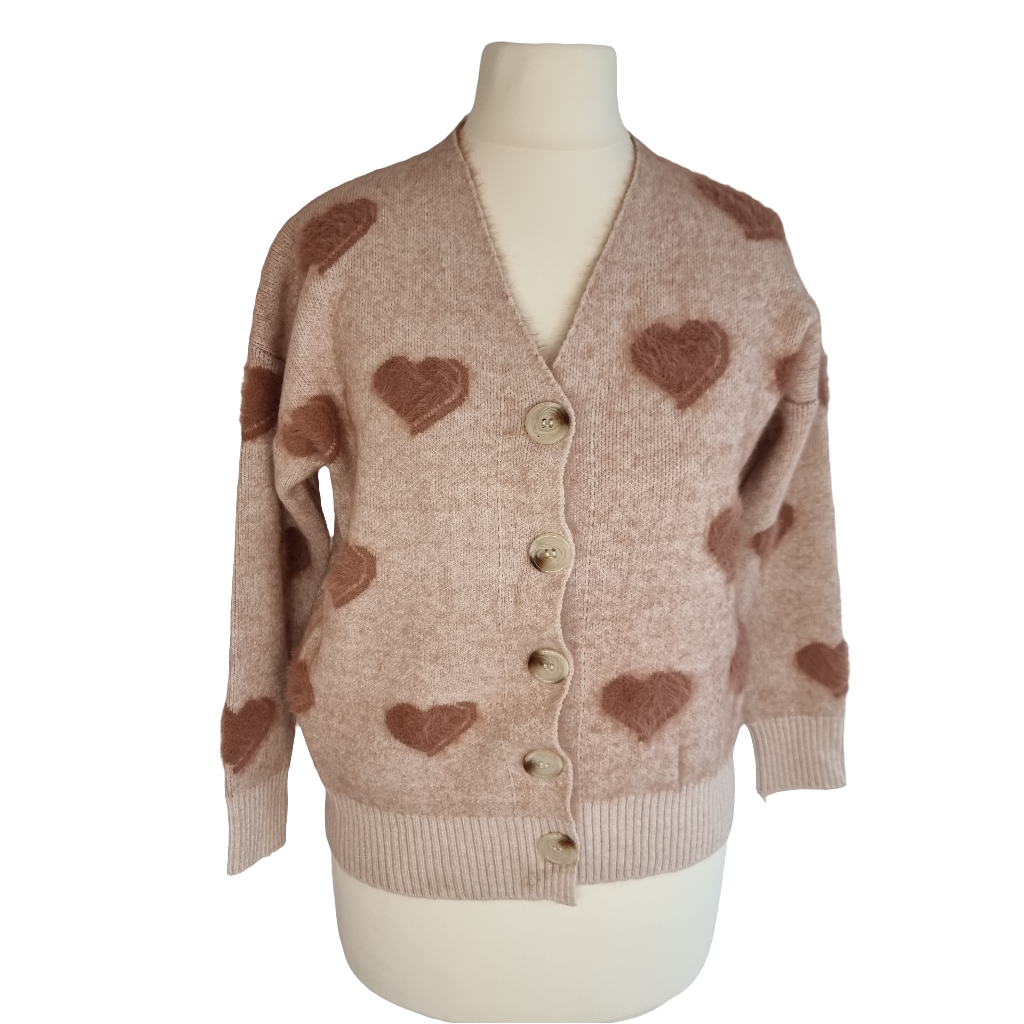 Fuzzy Heart Beige Cozy Cardigan