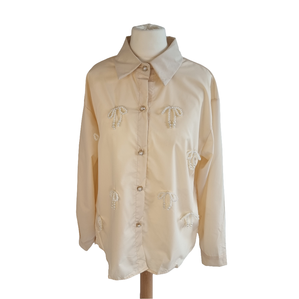 Pearl Bow Charm Blouse Beige