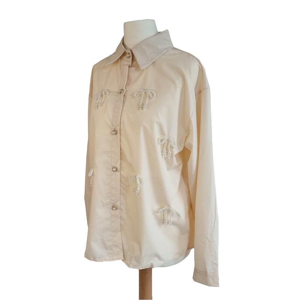 Pearl Bow Charm Blouse Beige