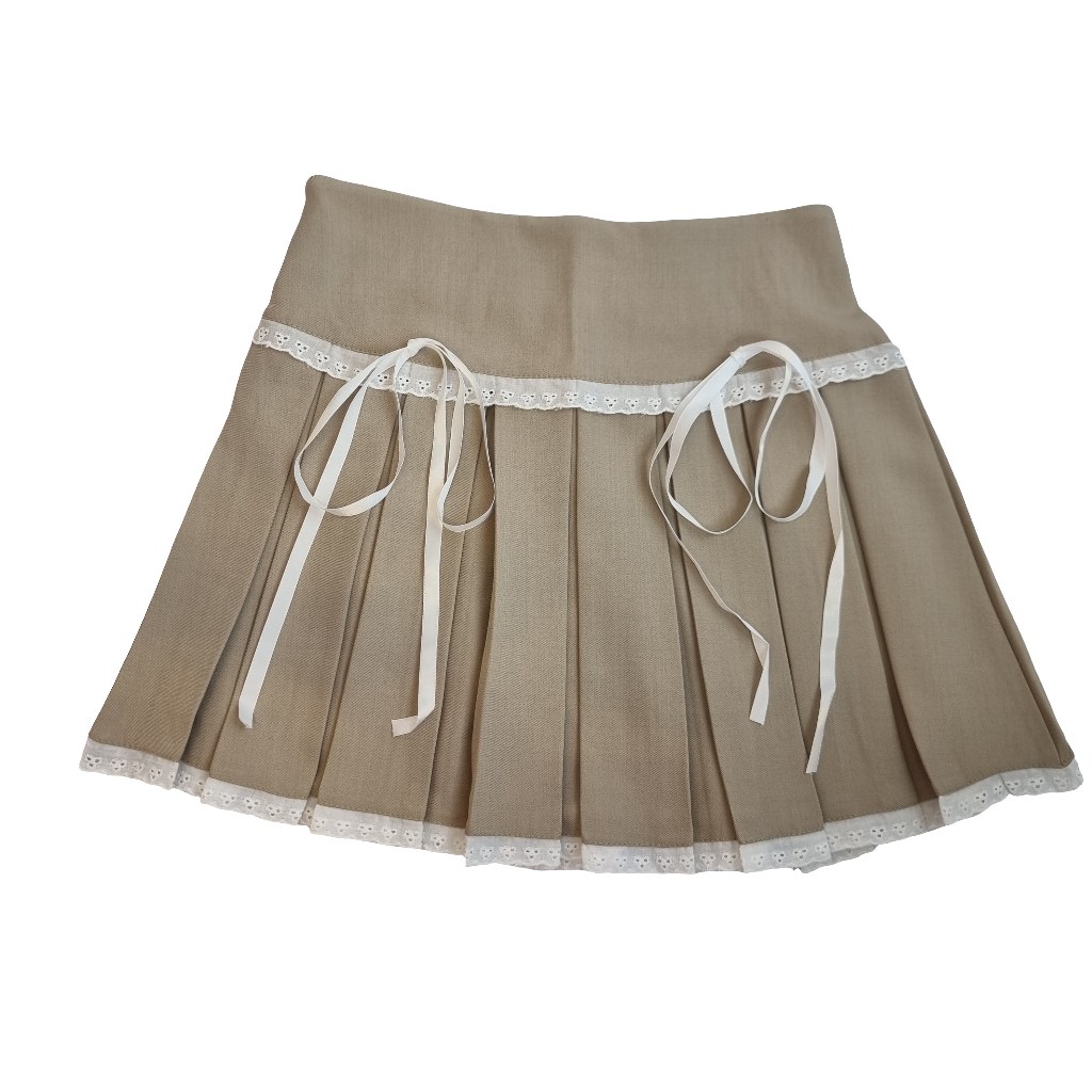 Ribbon Trim Beige Pleated Skirt