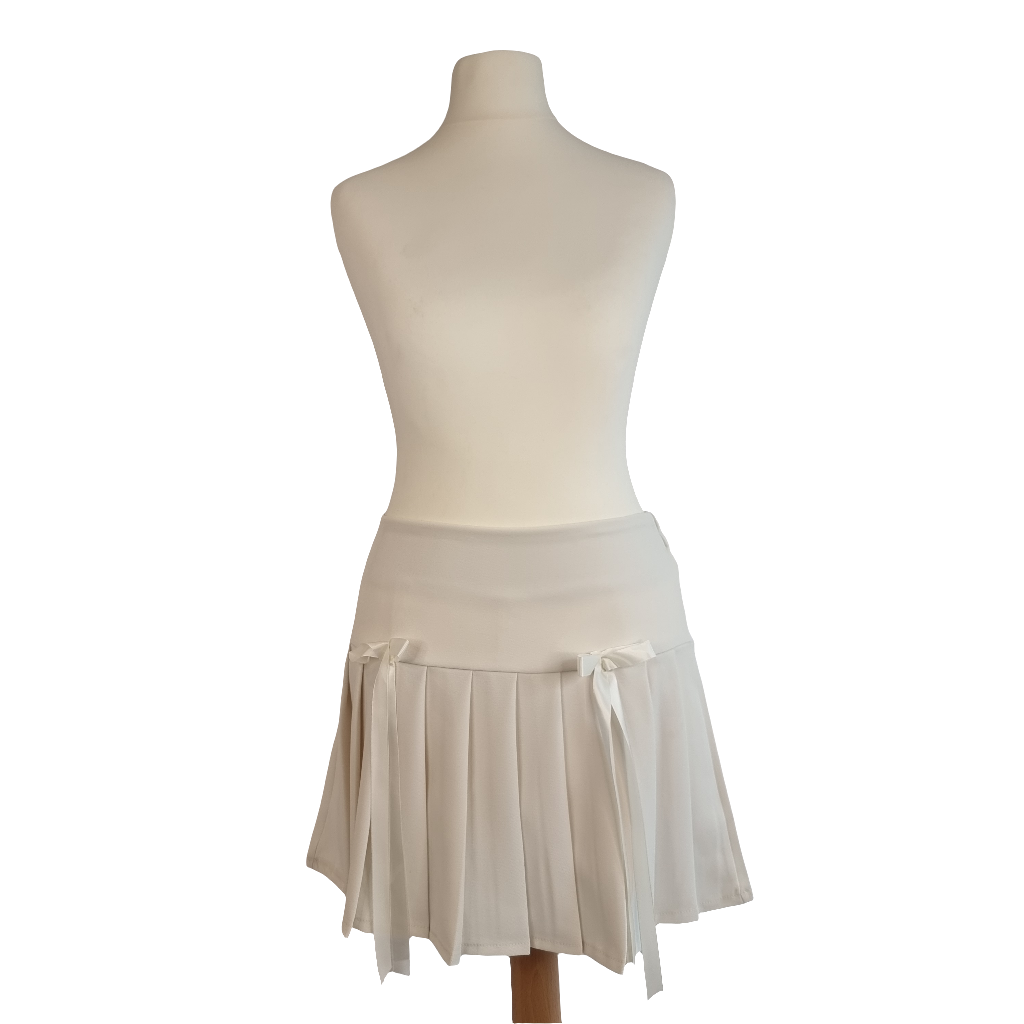 Ivory Pleated Mini Skirt with Satin Ribbon Bows