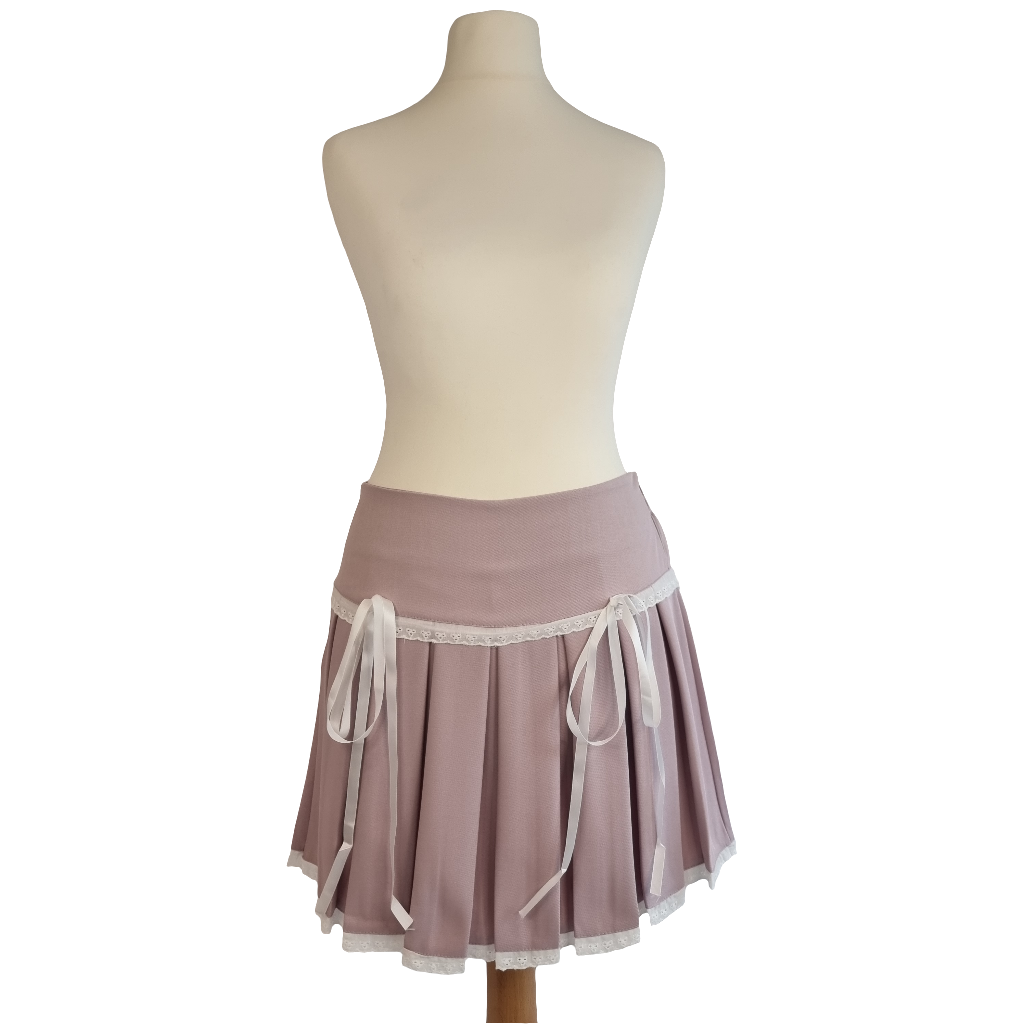 Lilac Pleated Skirt with Lace Trim and Satin Ribbons