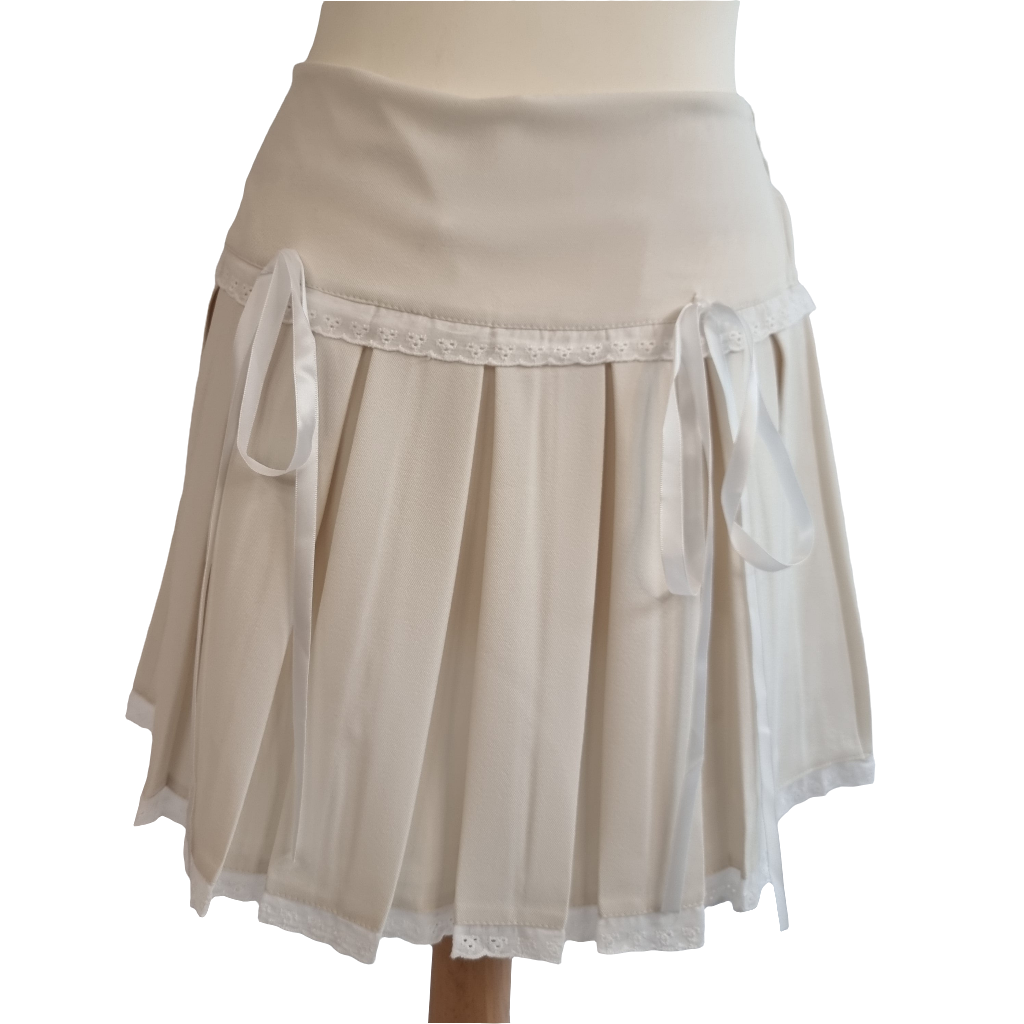 Cream Pleated Mini Skirt with Lace Trim and Satin Ribbon Bows