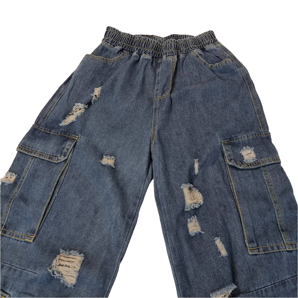 Dark Wash Distressed Cargo Jeans