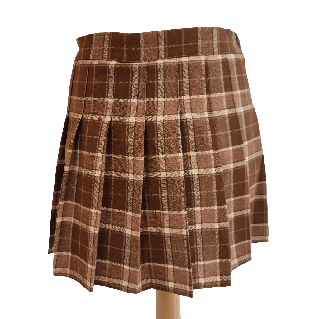 Brown Plaid Wool-Blend Pleated Mini Skirt