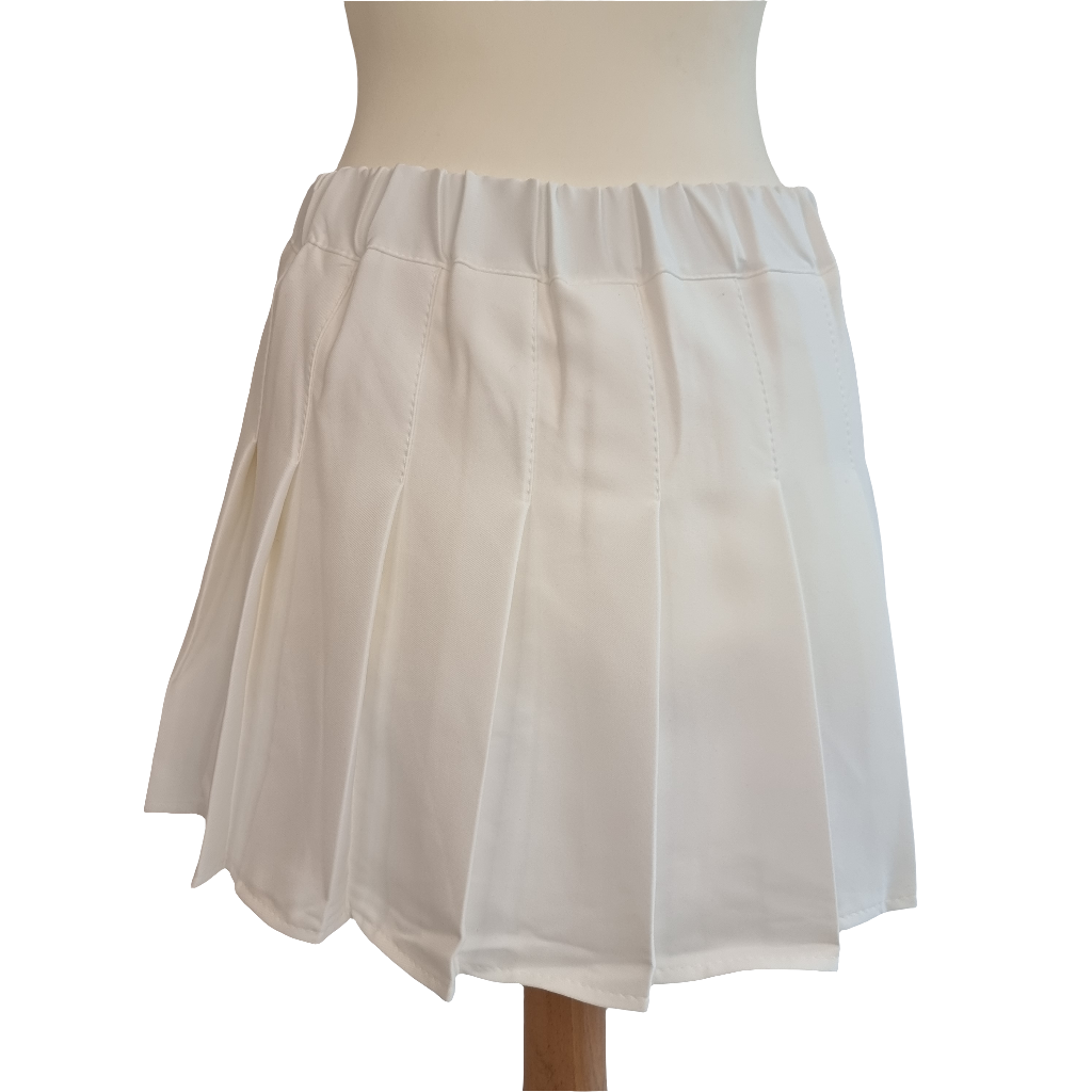 White Pleated Mini Skirt with Black Bow Embellishments