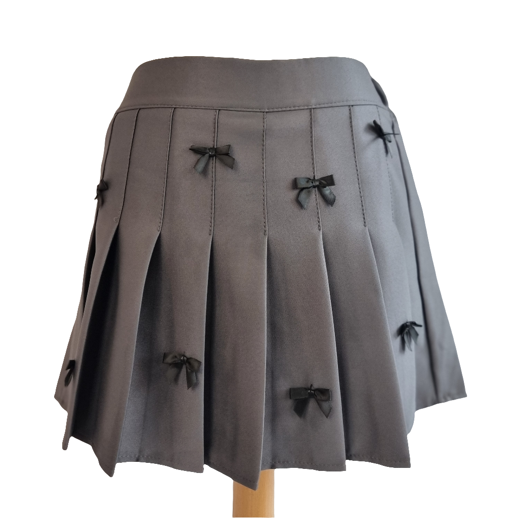 Charcoal Gray Pleated Mini Skirt with Black Bow Details