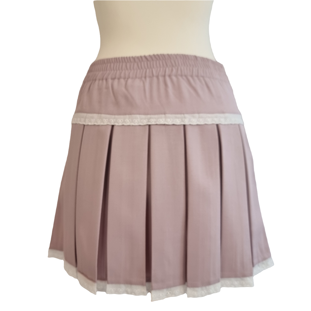 Lilac Pleated Skirt with Lace Trim and Satin Ribbons