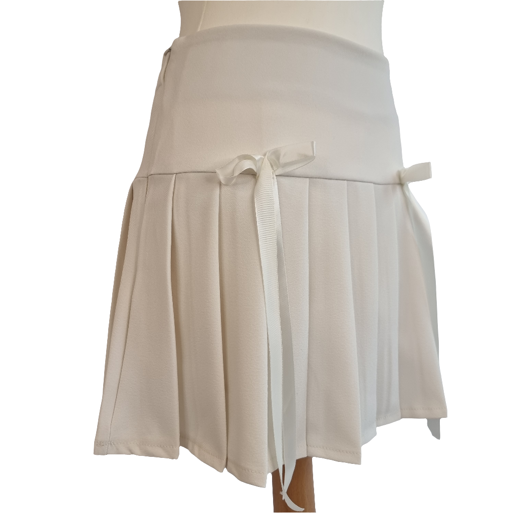 Ivory Pleated Mini Skirt with Satin Ribbon Bows