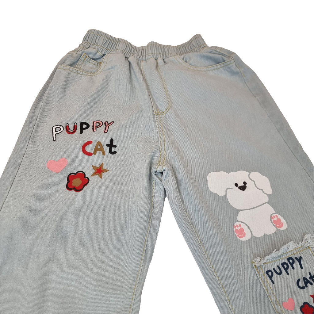 Playful Puppy & Cat Embroidered Jeans