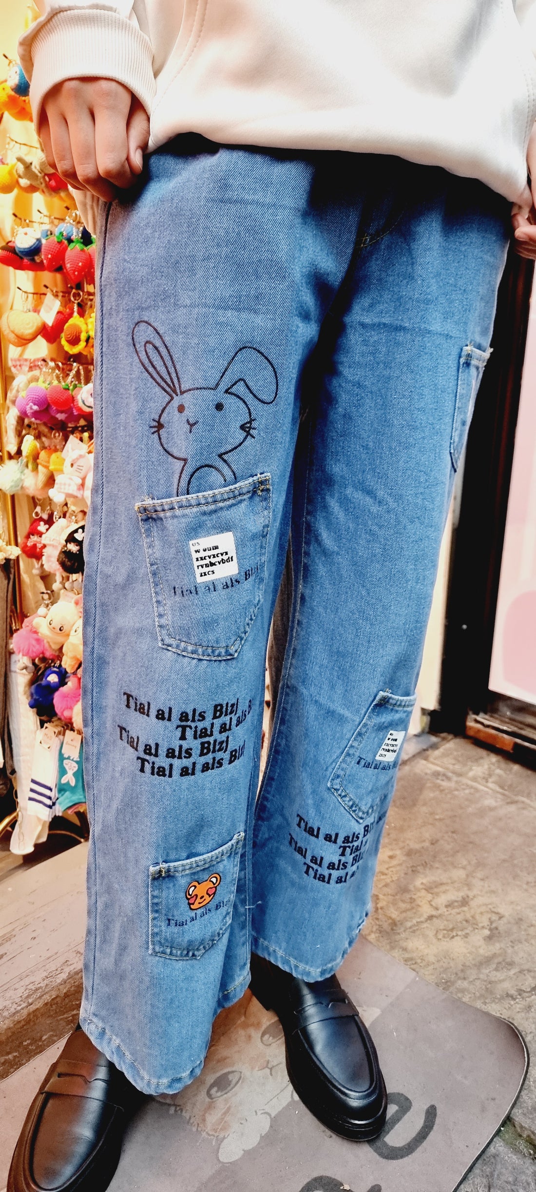 Bunny Embroidered Wide-Leg Jeans