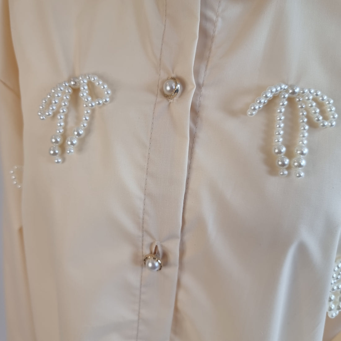 Pearl Bow Charm Blouse Beige