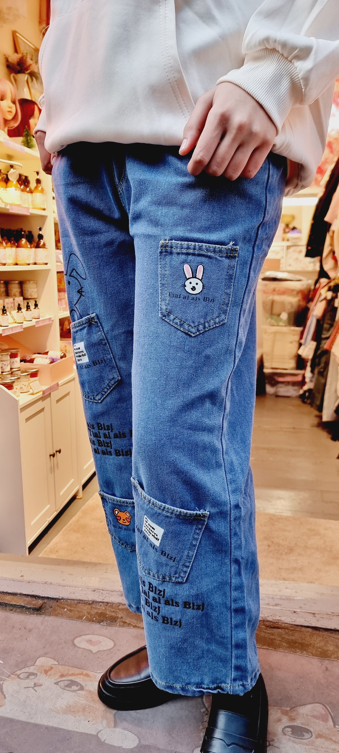 Bunny Embroidered Wide-Leg Jeans