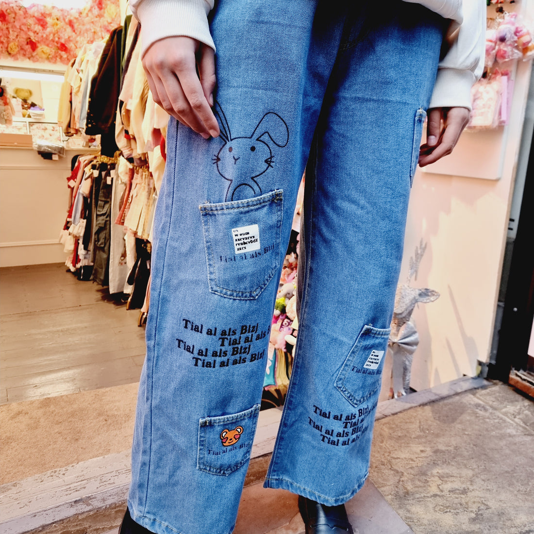 Bunny Embroidered Wide-Leg Jeans