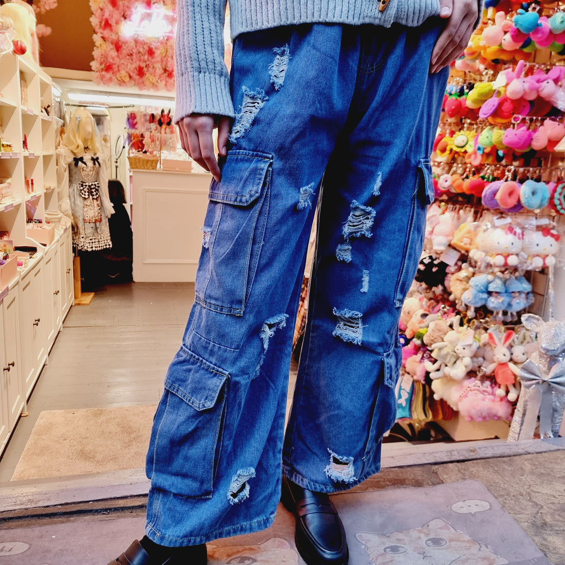 Dark Wash Distressed Cargo Jeans