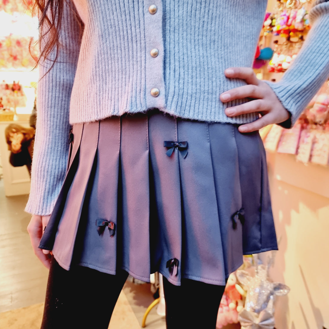 Charcoal Gray Pleated Mini Skirt with Black Bow Details